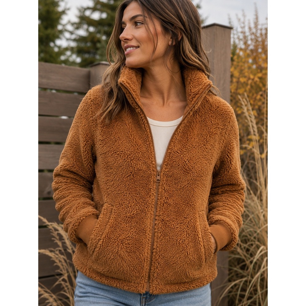 J.Crew Sherpa Fleece Zip Jacket Teddy Funnel Neck Cozy Camel Brown Small